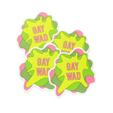 Four stickers that read GAY WAD in pink letters. The shape is like four layers of smashed gum on top of each other.
