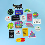 A wide array of Word For Word Factory stickers in different sizes, shapes & colors on a light blue background, including Dismantle Systemic Ableism, Disability Rights Are Human Rights, Patriarchy Is A Plague, Bodily Autonomy Is a Human Right, Non-Binary, I Love Critical Thinking & more