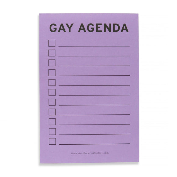 A lavender notepad that reads GAY AGENDA in bold black text at the top, with checkboxes on the left side, and lines to the right, to write your to-do list! Word For Word Factory website at the bottom in small text.