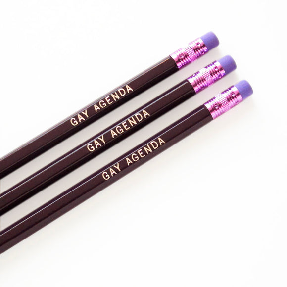 Purple pencil with purple eraser and ferrule.  Hot foil stamped with the words GAY AGENDA in Silver Foil