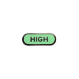 Mint green capsule shaped enamel pin that reads HIGH.  Silver text and outline on a mint green enamel background.