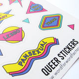 Close-up of a Queer Stickers sheet, showing Pansexual Sticker, which is wavy yellow lines with pink and purple.