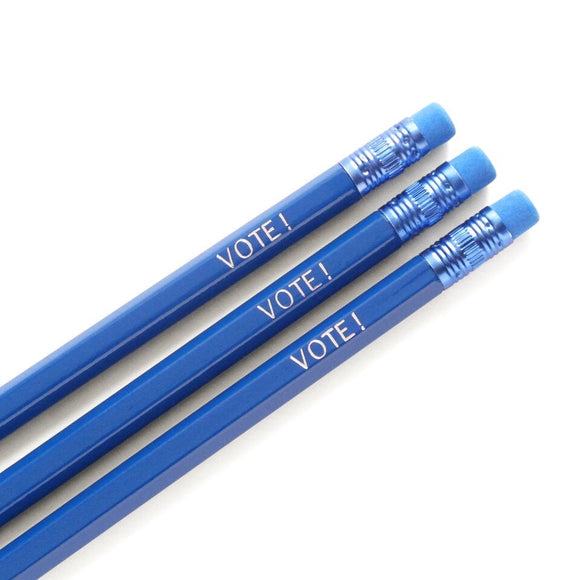Three royal blue pencils, with blue ferrules and erasers, hot-foil pressed with the words VOTE! in silver.