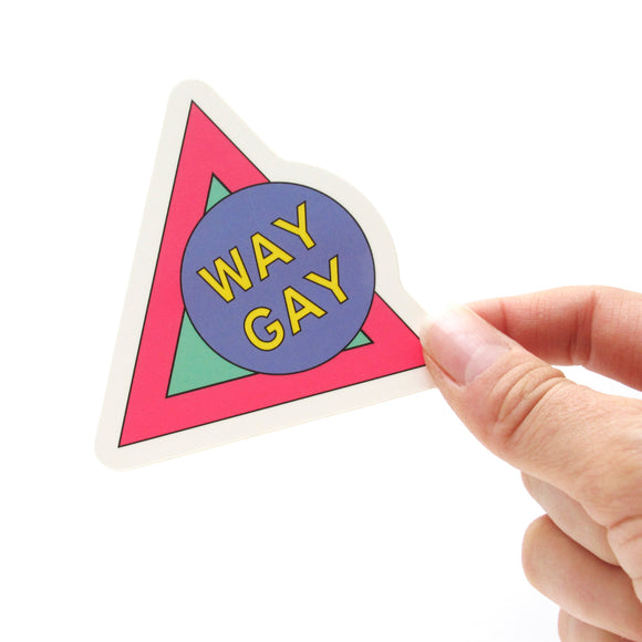 Triangle shaped sticker that says WAY GAY.