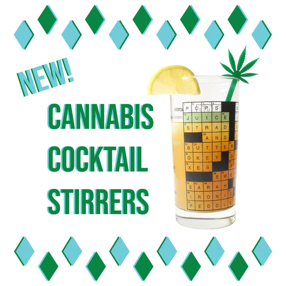 New! Cannabis Cocktail Stirrer.  Tall glass with a lemon wedge and a pot leaf drink stirrer .