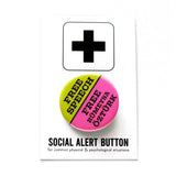 A round pinback button split half lime green & bright pink. Green half reads FREE SPEECH in black text. Pink half reads FREE Rumeysa Ozturk in black text. Button is on a Social Alert Button backing card.