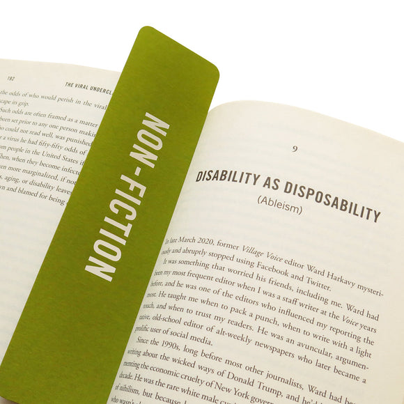 A rich mossy green vertical bookmark that reads NON-FICITON in gunmetal silver foil embossed text, marking the start of the Disability as Disposability (Ableism) in The Viral Underclass hardcover book.