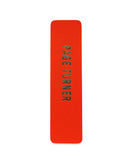 A vibrant red-orange vertical bookmark that reads PAGE TURNER in gunmetal silver foil embossed text.