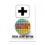 A round pin back button that reads PROBLEM SOLVER in dark pink text over a grid pattern with a blue to yellow gradient in the background. Button is placed on backing card with a black plus sign on the top. The bottom of the card reads Social Alert Button.