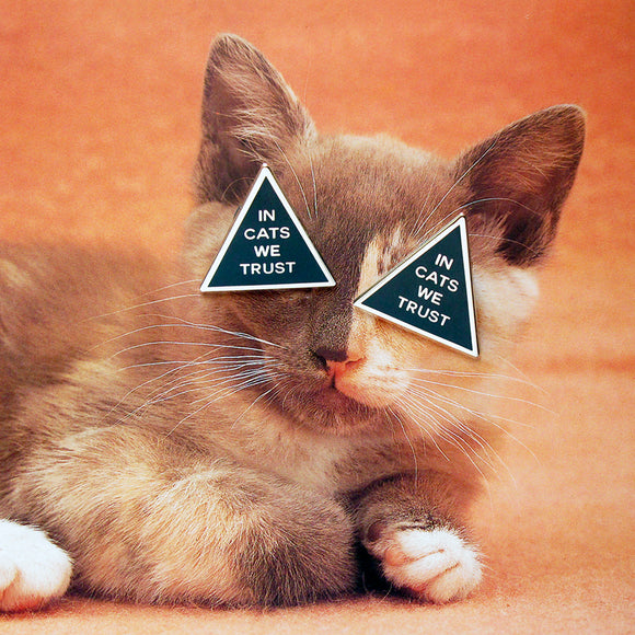 Two triangle shaped hard pins that say IN CATS WE TRUST covering the eyes on the photograph of a cat.