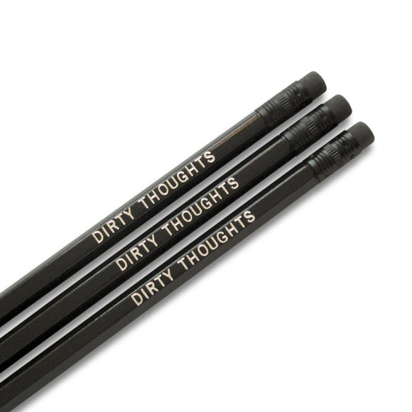 Black pencils, with black ferrules and erasers, hot-foil pressed with the words DIRTY THOUGHTS in silver.