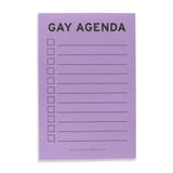 Lined lavender notepad with checkboxes on the left side, and lines to write your to-do's to the right. The top of the notepad reads: GAY AGENDA in bold sans serif black text. 