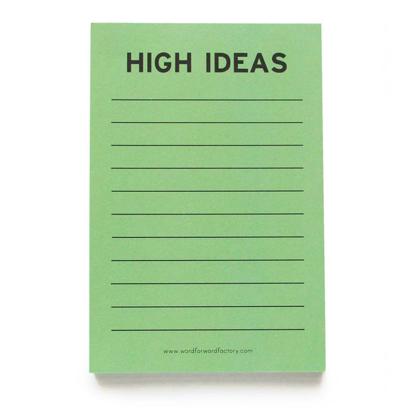 Lined light green notepad reads HIGH IDEAS at the top in bold black text. 