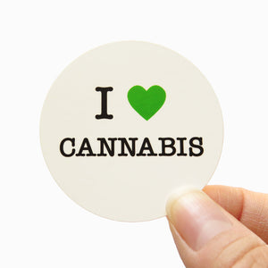 A white thumb and forefinger hold the lower right corner of a round white sticker that reads I LOVE CANNABIS. The love is illustrated by a green heart.  The rest of the phrase is in the classic I Love NYC black serif font