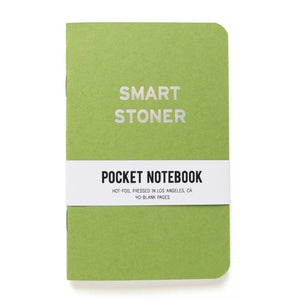 Moss green pocket notebook that says SMART STONER in  iridescent silver text.