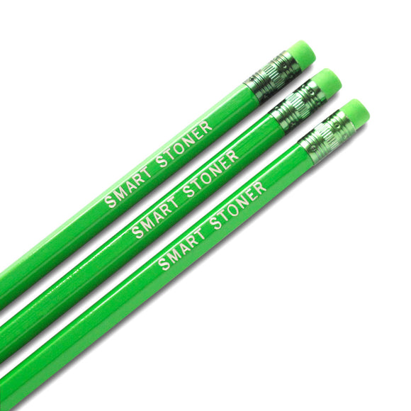 Three green pencils, with green ferrules and erasers, hot-foil pressed with the words SMART STONER in silver.