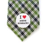 I heart Steve Kornacki pinback button on a green and blue plaid necktie.