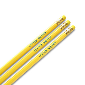 Three yellow pencils, with yellow ferrules and erasers, hot-foil pressed with the words LETTER WRITER in teal foil.